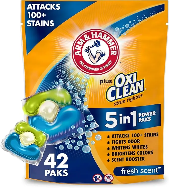 OxiClean 5-in-1 Laundry Detergent Power Paks, 42 Count | Attacks 100 Plus Stains, Odor Fighting, Whitens and Brightens, Pre-Measured Power Paks, Fresh Scent