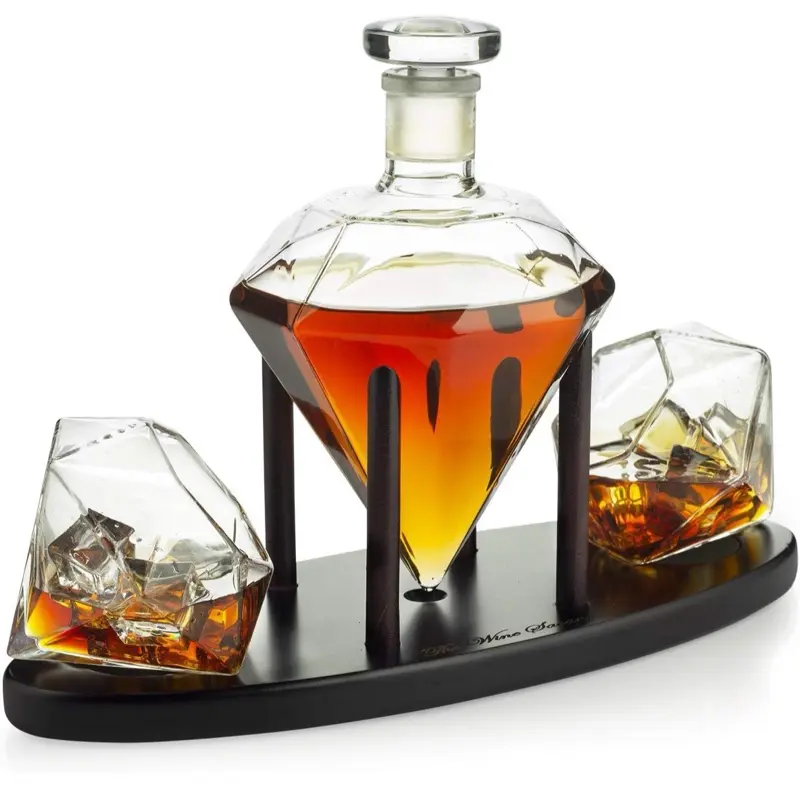 Crystal Decanter Bar Set with Diamond-Shaped Stopper, 2 Wine Glasses, Kitchenware & Bar Utensils