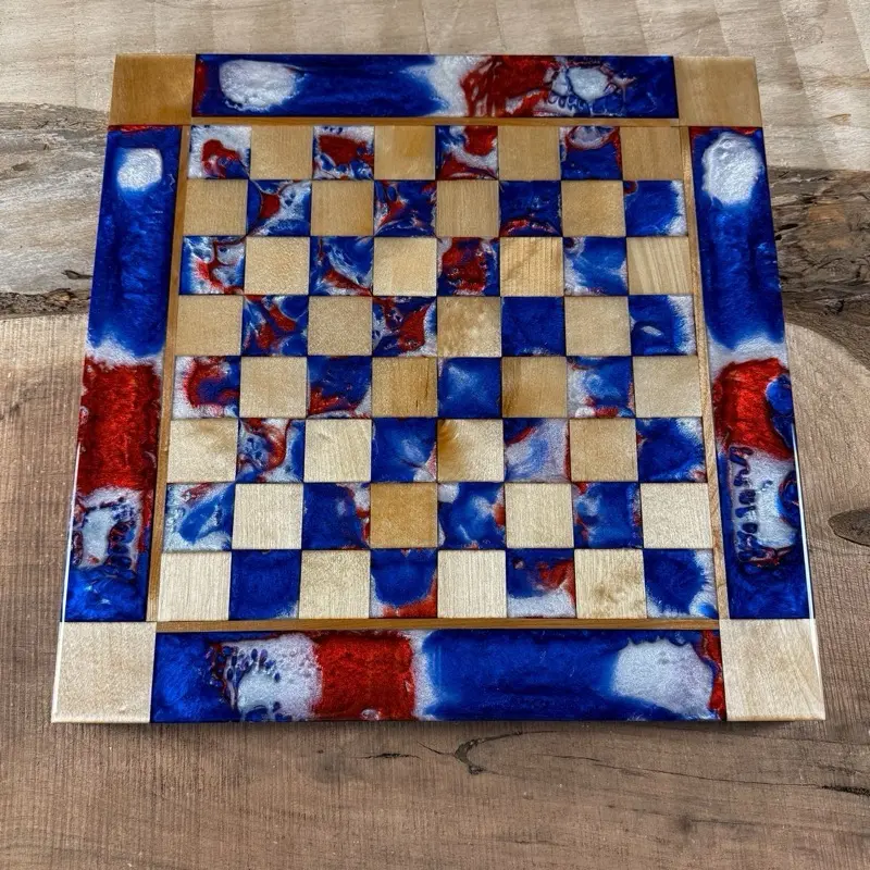 Red White & Blue Maple Wood Chess Board (INLCUDES PIECES)