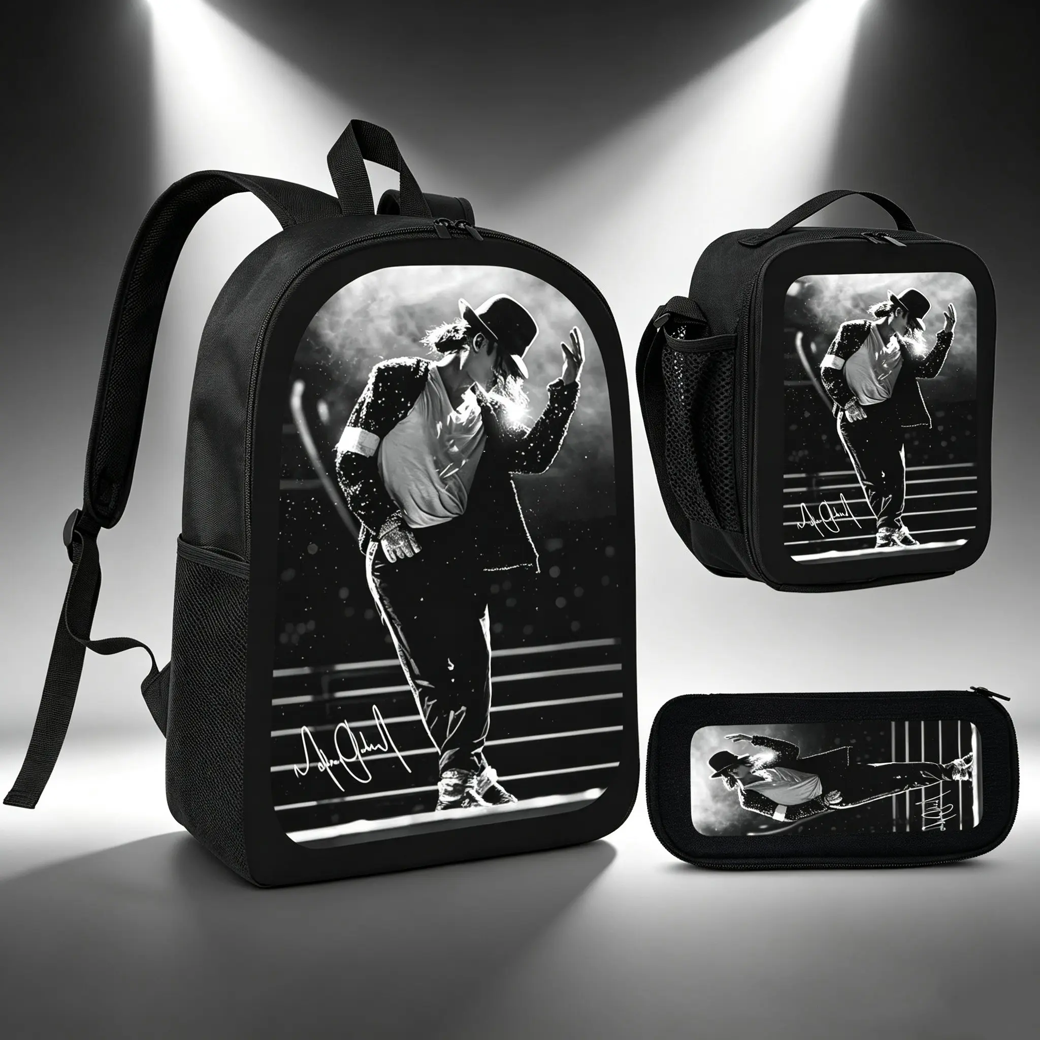 Michael Jackson Backpack Set 3Pcs Lunch Bag Pencil Case Pop Music Theme Lightweight Travel Backpack TikTok Viral MJ Dance Style Fan Gift