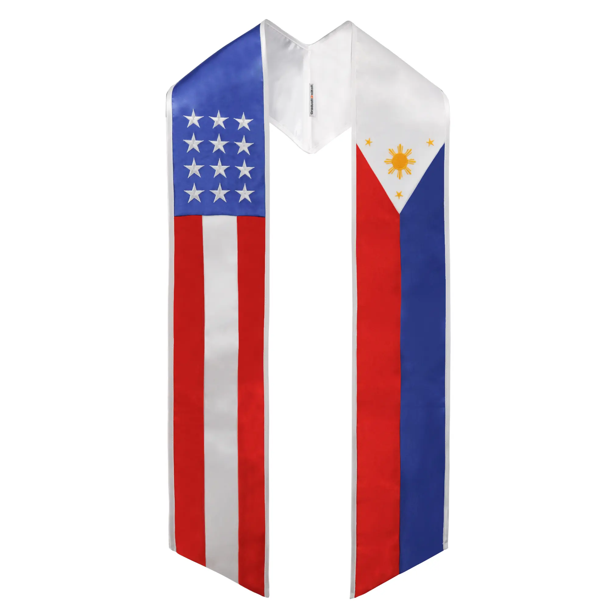 GraduationMall Embroidered Dual Flags Graduation Stole - US & Philippines, 72" Length, Fully Lined Silky Satin V-Neck Sash for Class of 2026 Study Abroad Students, Embroidery