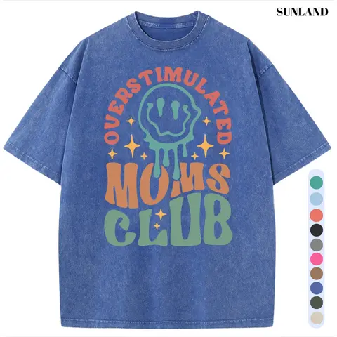 Women's 100% Pure Cotton Acid Wash Oversized H-Type Graphic Print Tshirt - Vintage "MOM'S Club" Round Neck Short Sleeve 90s Mom Style Casual Lady Top, 2XL, for Outdoor Wear, New Year Events