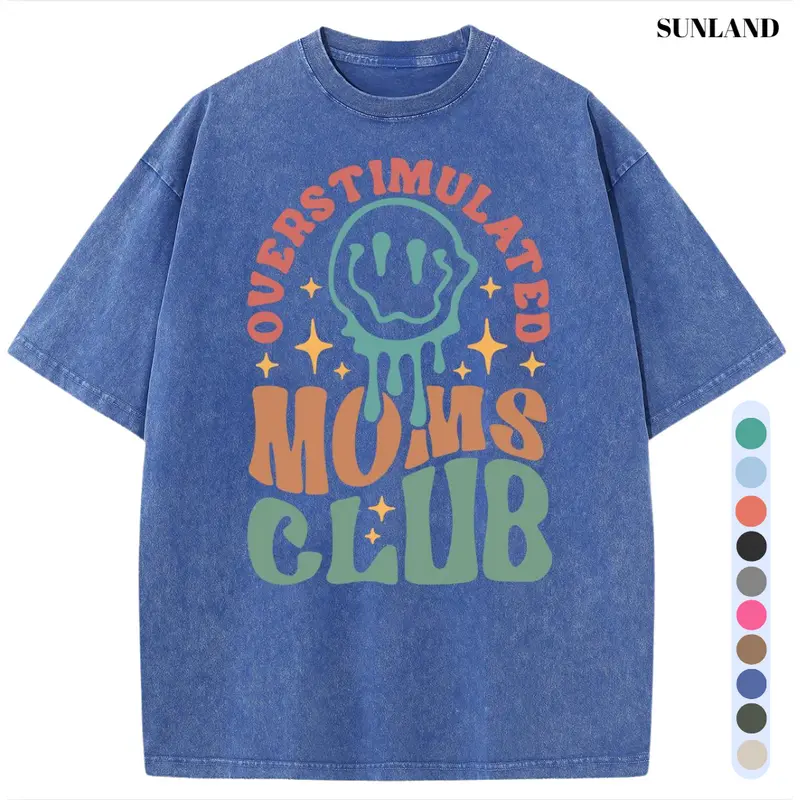 Women's 100% Pure Cotton Acid Wash Oversized H-Type Graphic Print Tshirt - Vintage "MOM'S Club" Round Neck Short Sleeve 90s Mom Style Casual Lady Top, 2XL, for Outdoor Wear, New Year Events