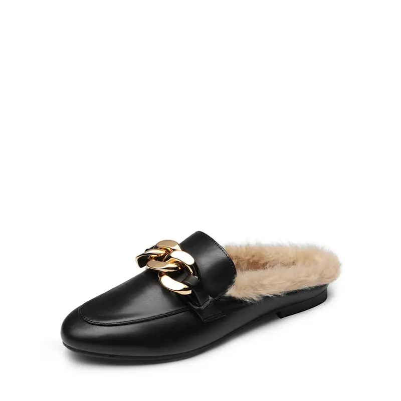 DREAM PAIRS Women's Fluffy Chunky Chain Round Toe Slip-On Flat Mules Clogs, Casual Comfortable Closed-Toe Women's Shoes Mules Footwear