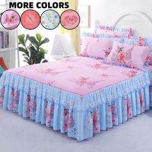 floral print ruffled edge bed skirt set, 3 counts/set including 1 bed skirt & 2 pillowcase without filler, soft breathable machine washable bedding set, bedsheet sets, comfy bed sets, christmas accessories, christmas gifts, christmas decorations
