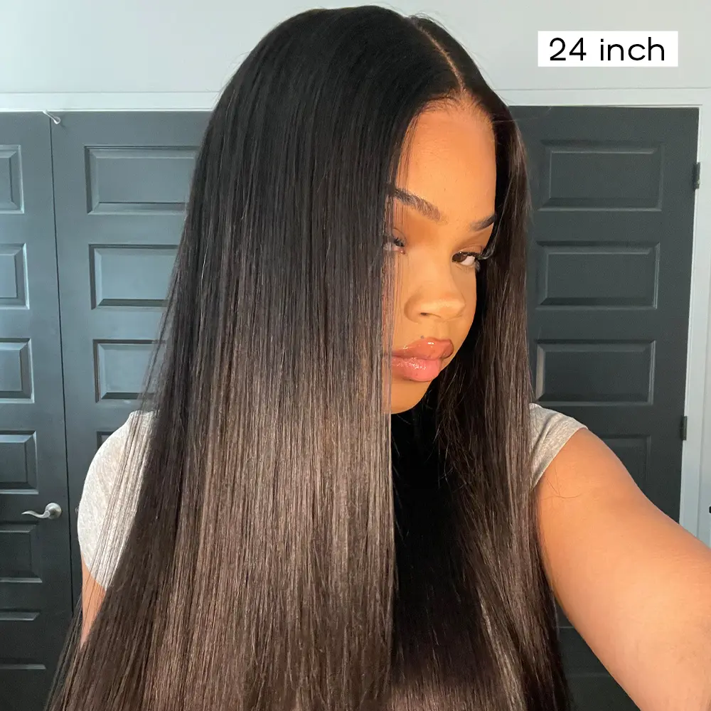 CurlyMe Wear Go Straight Hair 7X5 Pre-bleached Mini Knots Pre-cut Lace Frontal Glueless Wig with Adjustable Drawstring-Natural Black