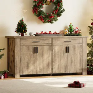 ONBRILL 61 Inch Sideboard Buffet Cabinet with Storage, Buffet Cabinet with 2 Drawers & 4 Doors, Farmhouse Sideboard with Adjustable Shelves, Coffee Bar Cabinets for Living Room, Kitchen