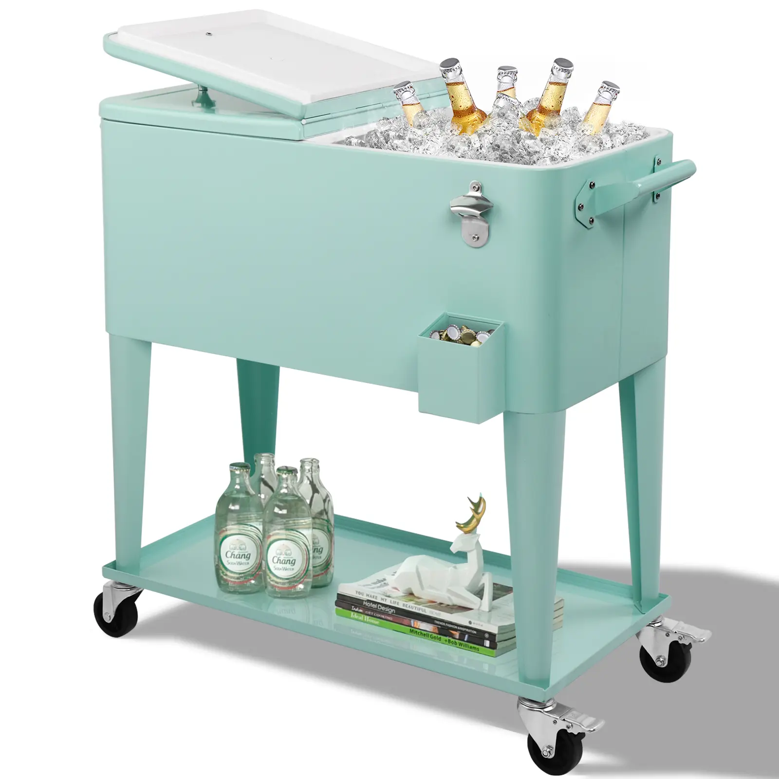 80QT Large Capacity Rolling Cooler, Vintage-Style Insulated Cart with 48-Hour Ice Retention, Bottle Opener & Locking Casters for BBQ Parties, Mint Green, 80-Quart Large Capacity