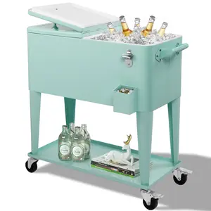 80QT Rolling Cooler Cart with Drainage & Insulated Basin, Ice Retention for 48 Hours, Bottle Opener & Locking Casters for Outdoor Party, Camping, Mint Green