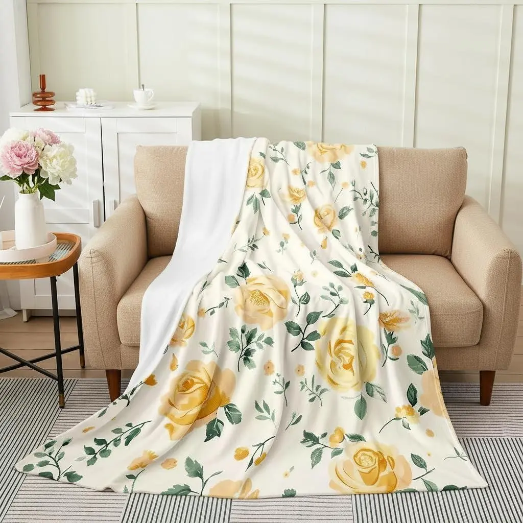Rose Flowers All Season Bed Blanket Rustic Style Shabby Plush Throw Blanket,Yellow Rose Floral Flannel Blanket Yellow Beige Blanket for Sofa Couch Bedroom Decor