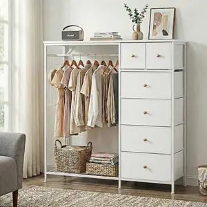 Dresser With Hanging Rack，Closet Organizer,With Hanging Rack With LED Lights & Charging Station,Wooden Top, for Home Living Room