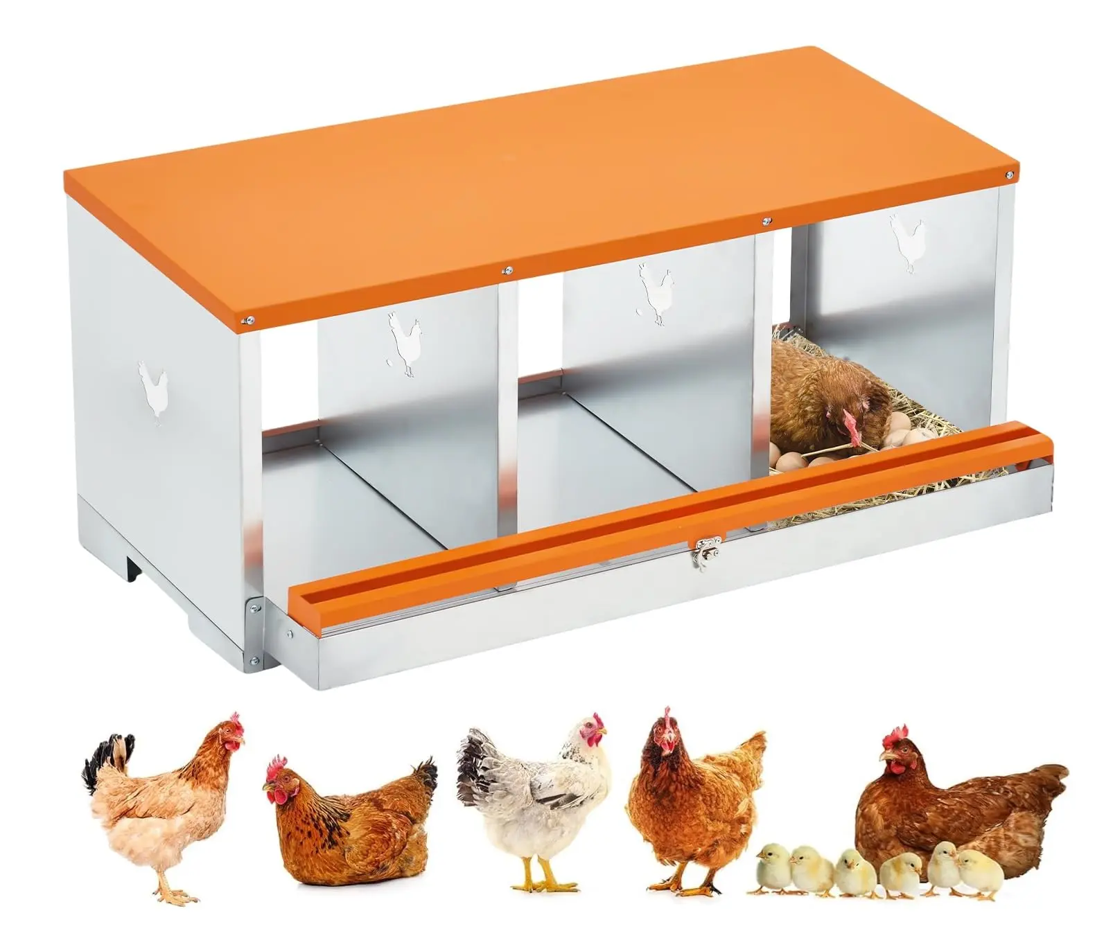 【Christmas Gift】Chicken Nesting Boxes, One-Tier Metal Chicken Egg Laying Box with 3 Compartments Large Vented Holes Chicken Coop for Egg Collection,Orange