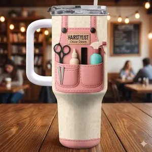 Personalized Hair Stylist Tumbler, 2D Printed 3D Effect Pink Apron Insulated Mug with Handle, Custom Name Hairdresser Tumbler for Barbers Cosmetologists and Salon Professionals, Perfect Birthday Christmas Graduation Appreciation Gift