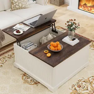 35" Large Minimalist Coffee Table with Storage for Living Room,Modern Lift Top Coffee Tables w/Hidden Space, Fluted Wooden Square Center Table with Gas Lift-Top, Smooth Lids for Bedroom, Oak/Antique White