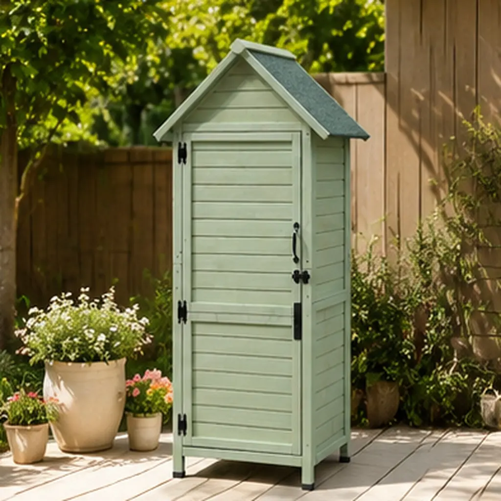 Outdoor Wooden Storage Shed Tall Narrow Garden Tool Cabinet with Lockable Door & 2 Adjustable Shelves, Waterproof Asphalt Roof Vertical Organizer for Patio Backyard Lawn, Solid Fir Wood Green Finish, Green Color Options, Solid Wood Material