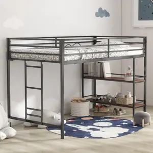 Adam sturdy junior twin loft bed black with Cinnamon wood shelf for kids, space saving, Loft Bed with easy climbing Ladder and Guardrails, Loft Bed Frame for Bedroom