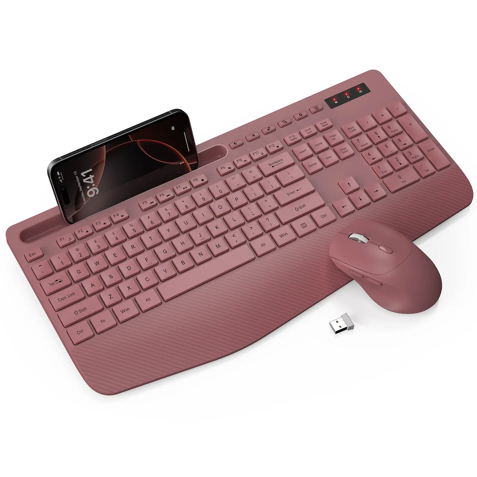 SABLUTE KM23 Wireless Silent Keycap Keyboard and Mouse Combo - Full-Sized Ergonomic Keyboard with Wrist Rest, Phone Holder, Sleep Mode, 2.4GHz Cordless for Computer, Laptop, PC, Usb Receiver