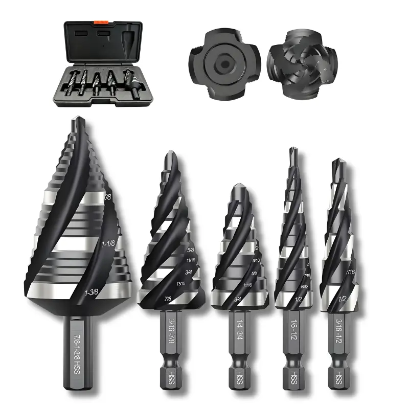 NEW 5-PCS Nitrided HSS Drill Set Step Bits, 4-Spiral Groove Hex Shank 4-Edged Countersink Step Bits, for Drilling Acrylic, Aluminum, Copper, Chamfering, DIY Projects, Easy Storage (Power Tool Accessory)