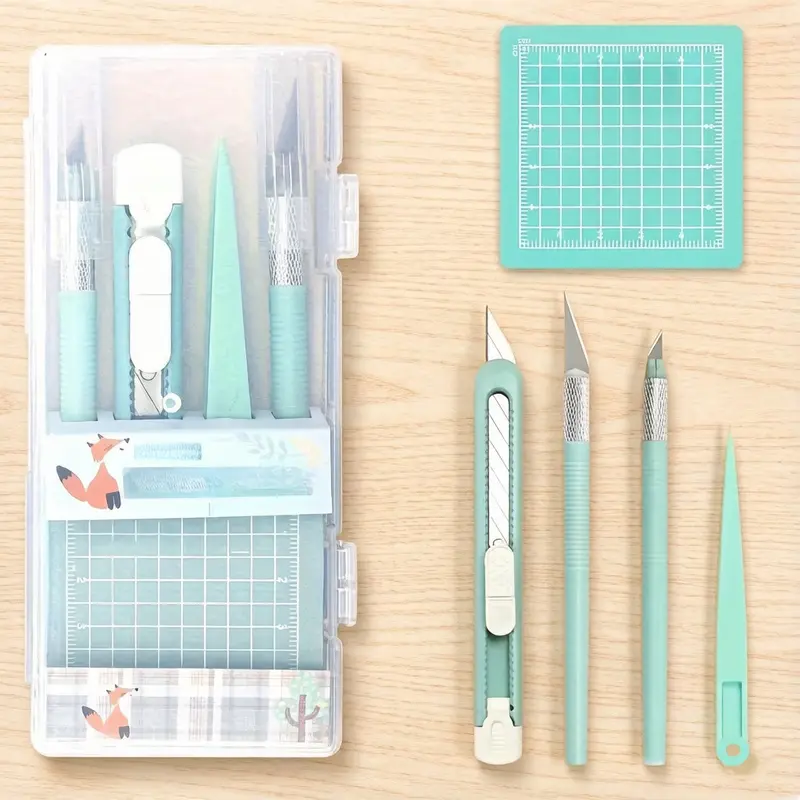 Mint-Colored Craft Knife Set, Transparent Storage Box & Grid Cutting Pad & Multiple Blade Types, Portable Precision Cutting Tools, Office Cutting Supply, Cutting Supplies for Home & Office