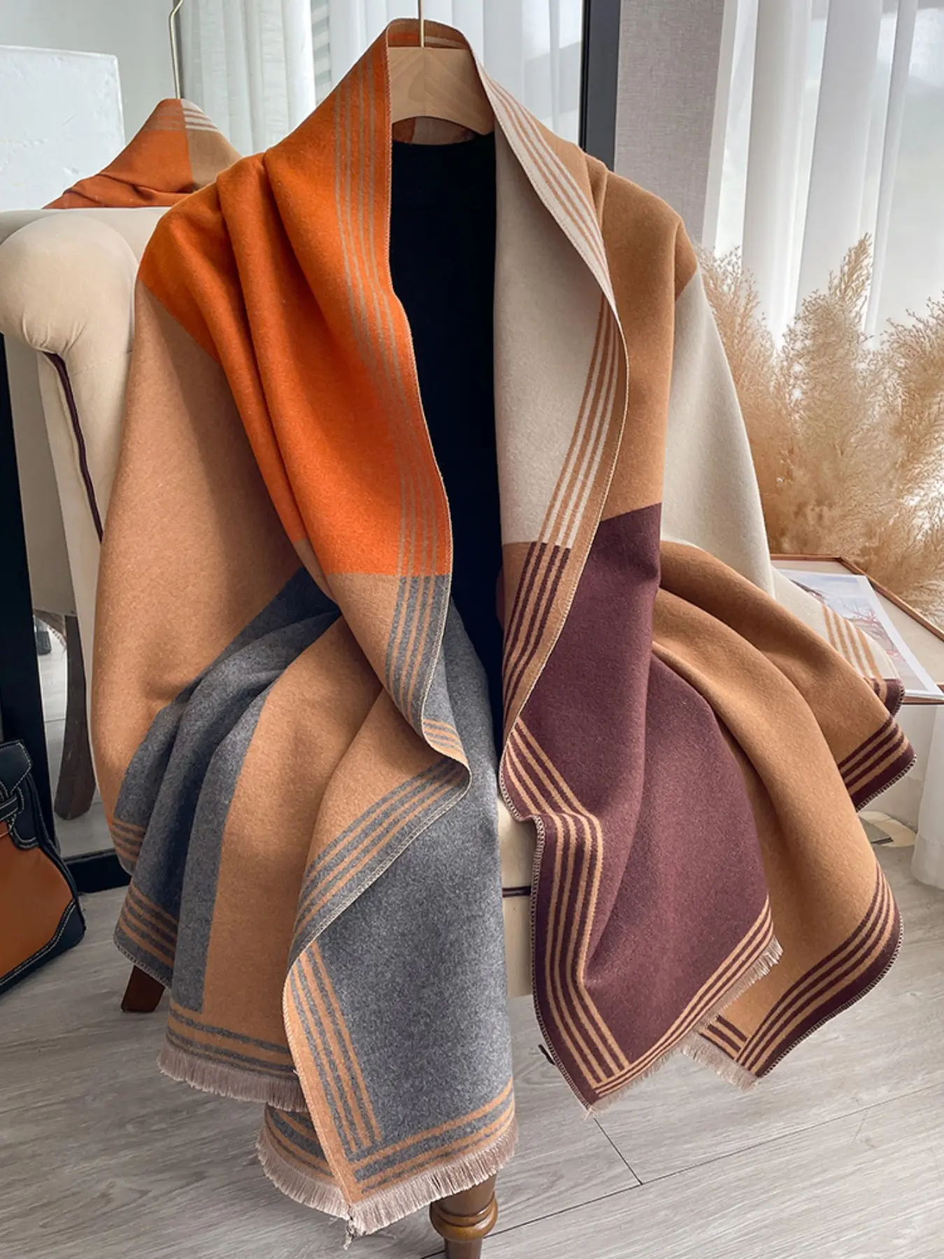 Double-Sided Colorblock Thick Chunky Scarf Shawl, Geometric Pattern, Casual Fall & Winter Wear, Warm for Air Conditioning Rooms