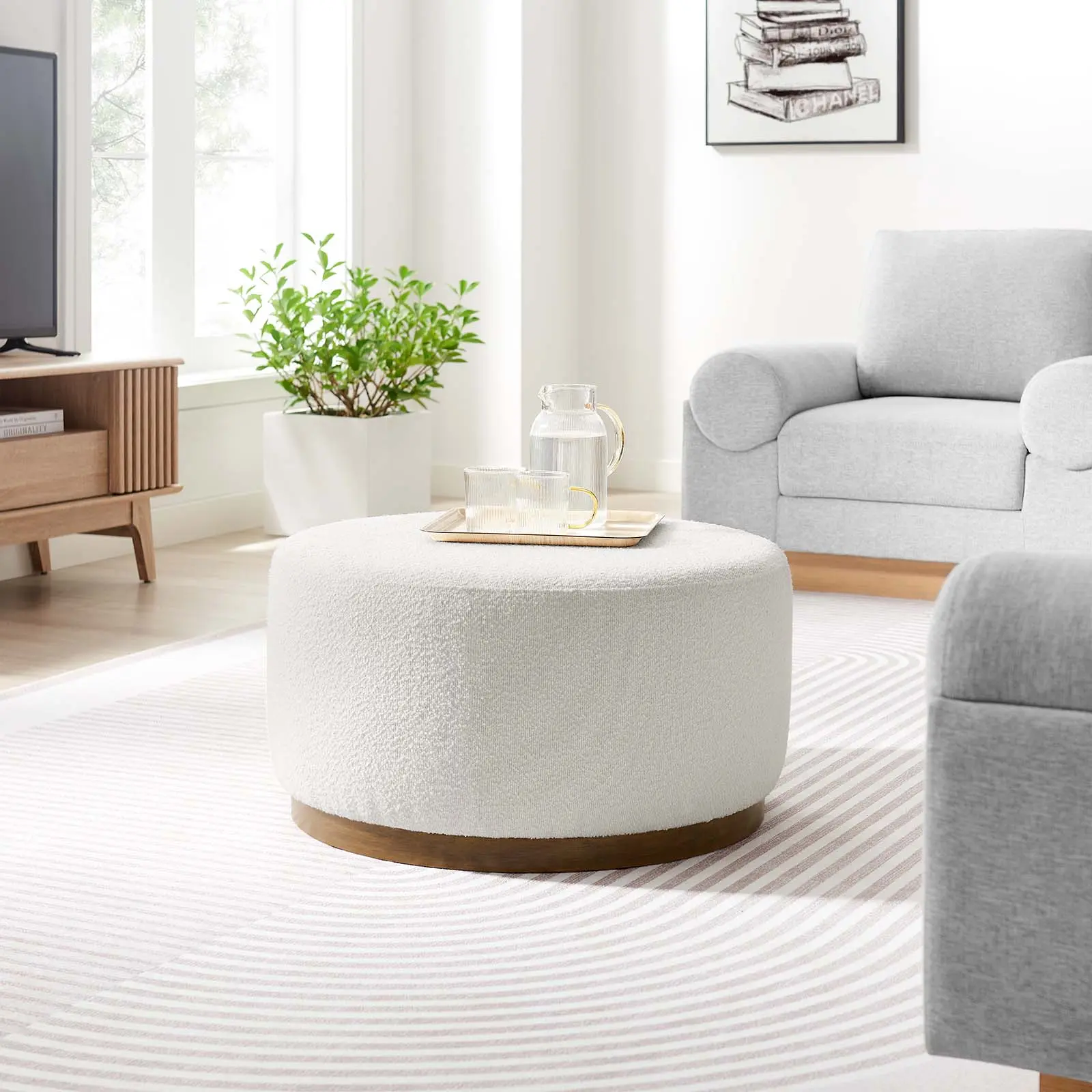 Modway Tilden Contemporary 29" Round Boucle Fabric Ottoman - Fully Assembled Indoor Furniture Stool with Nubby Texture, Cloud Walnut Footstool, Upholstered Stool, Furniture Ottoman