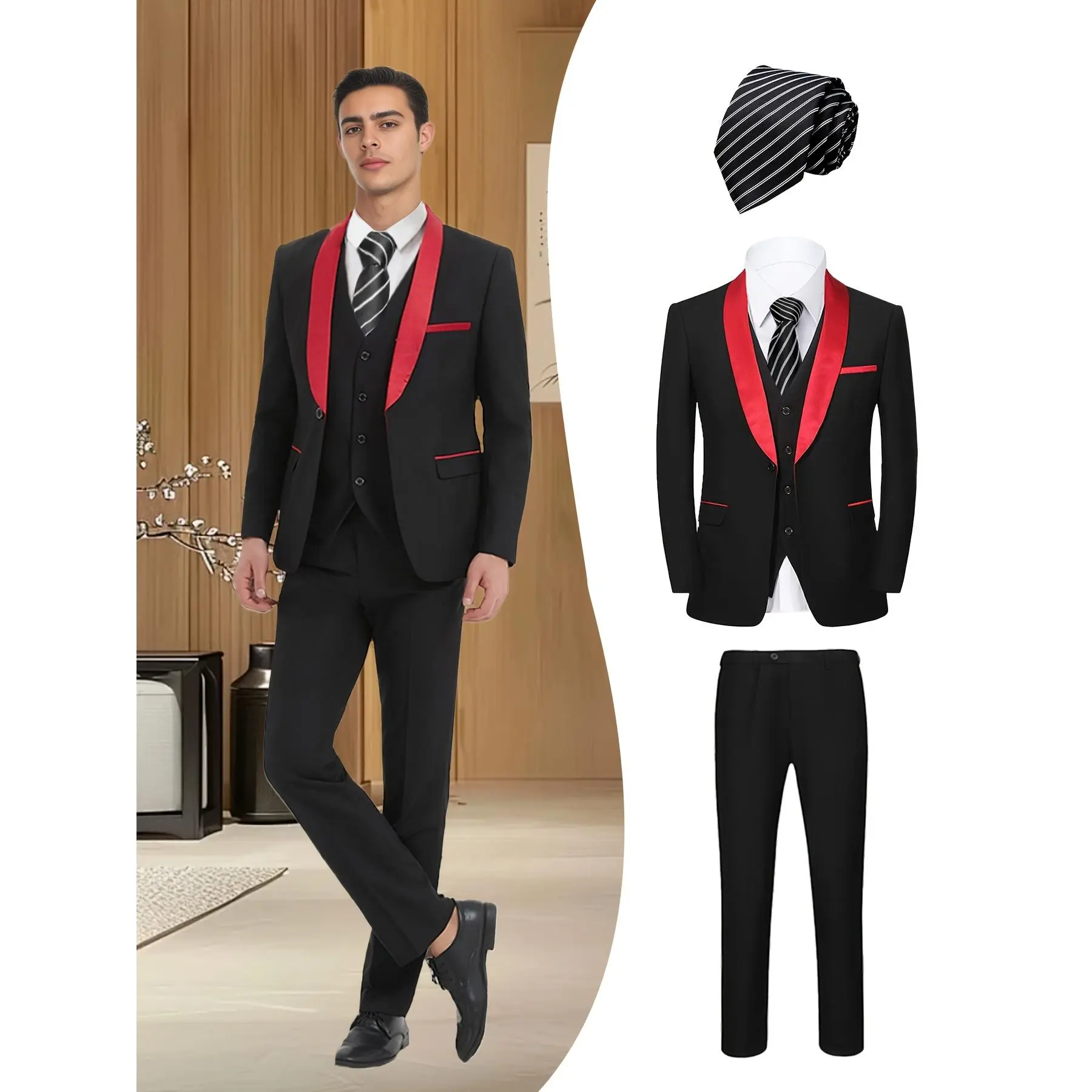 Men's 4-Piece Formal Tailcoat Suit Set - Long Sleeve Menswear, Plain Casual Debonair Style Outfit with Black and White Striped Tie for Weddings, Grooms, Clothes, Formal Wear, Party, Longsleeves, Polyester, Vest, Buttons, Minimalist, Rayon, Basics, Straigh