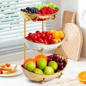 Bowl for Kitchen Counter, 3 Tier  Basket, Ceramic  Bowl, Tiered  Basket for Countertop, Large Capacity  Holder, Modern Multi Layer  Display Stand for Party(Gold)