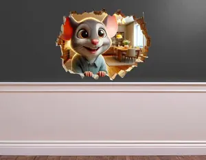 Mouse in Wall Hole Decal – Realistic Tiny Mouse Resident Wall Sticker (5-Inch)