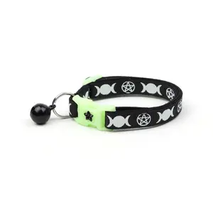 Breakaway Safety Cat Collar Witch's Familiar on Black with Matching Jingle Bell & Charm by Pugs2Persians Pagan Pentagram Goddess