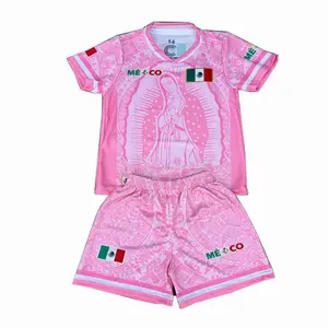Virgencita Soccer Set Light Pink Unisex Jersey & Shorts Mexico Flag Design for Fans.