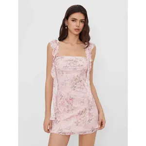 Cider Square Neck Lace Floral Ruffle Hem Ruched Mini Dress SwimWeek