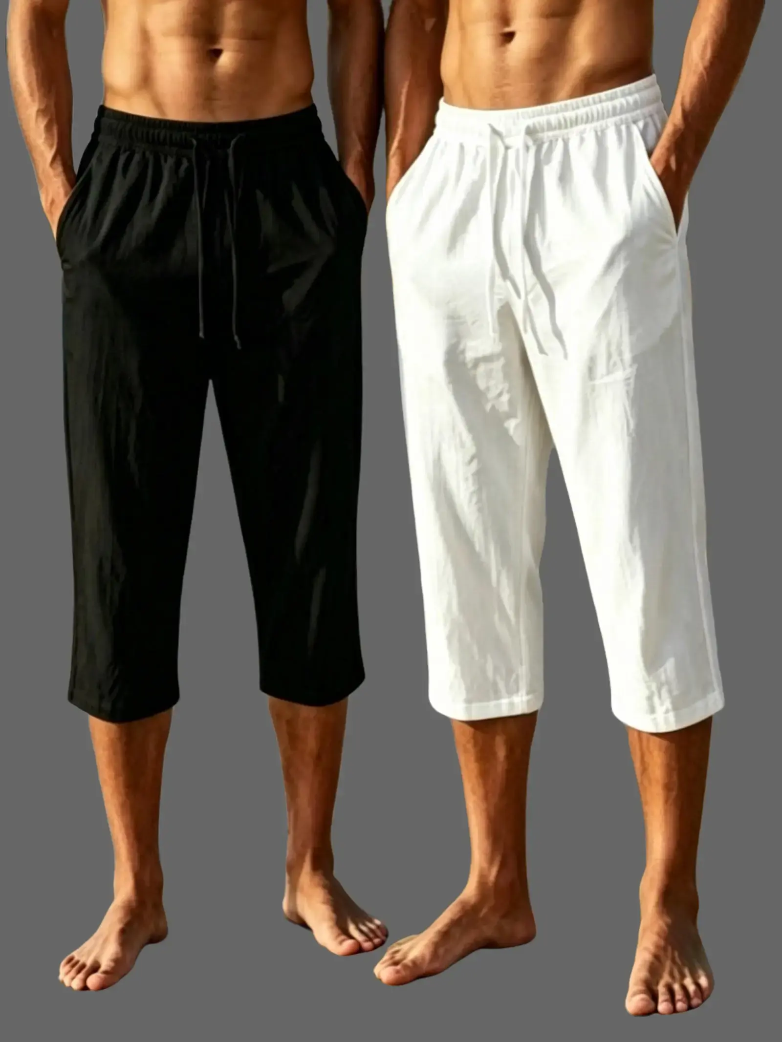 2-Pack Men's Textured Capri Pants, Casual Loose Fit Cropped Trousers with Drawstring, Breathable Outdoor Summer Loungewear