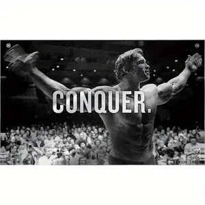 Schwarzenegger Fitness Motivational Theme Tapestry – Bodybuilding Schwarzenegger & "CONQUER" Text, Black-White Style, Perfect for Boys & Girls Dorm Decor & Home Decor Tapestry, Ideal Fitness Theme Gifts, 2D Print Tapestry