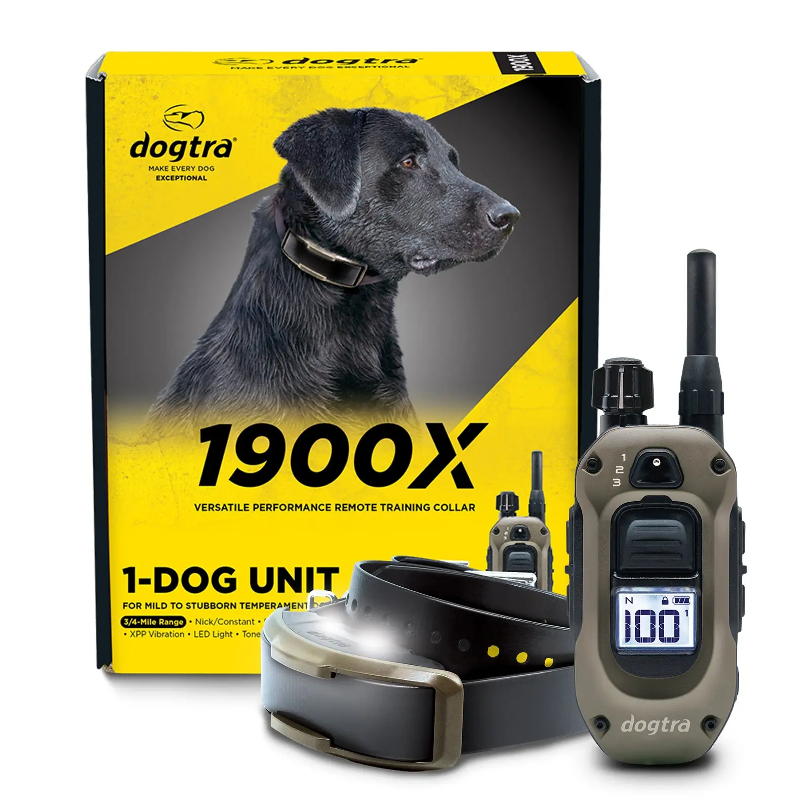 Dogtra 1900X E-Collar for Dog Training - 3/4 Mile Range for Dogs 35 lbs IPX9K Waterproof 100 Stimulation Levels Vibration Tone Rechargeable - Ideal for Dog Owners and Professional Trainers