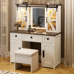 43.3" Farmhouse Makeup Vanity Desk with Lighted Mirror, Vanity Table Set with Storage Stool and Charging Station, Dressing Table with Sliding Barn Door Hidden Shelves & 3 Drawers & 4 Cabinets, Beige