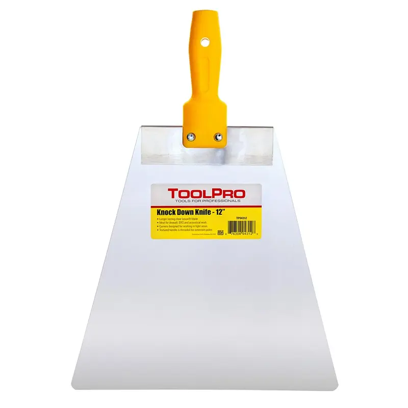 ToolPro 12 in. Professional Grade Knockdown Drywall Putty Knife - 9034 Blade Lasts, Flexible Lexan Blade, Extension Pole-Compatible Handle, Acute Corner Angle, Ceiling Work, Easy to Clean, Durable