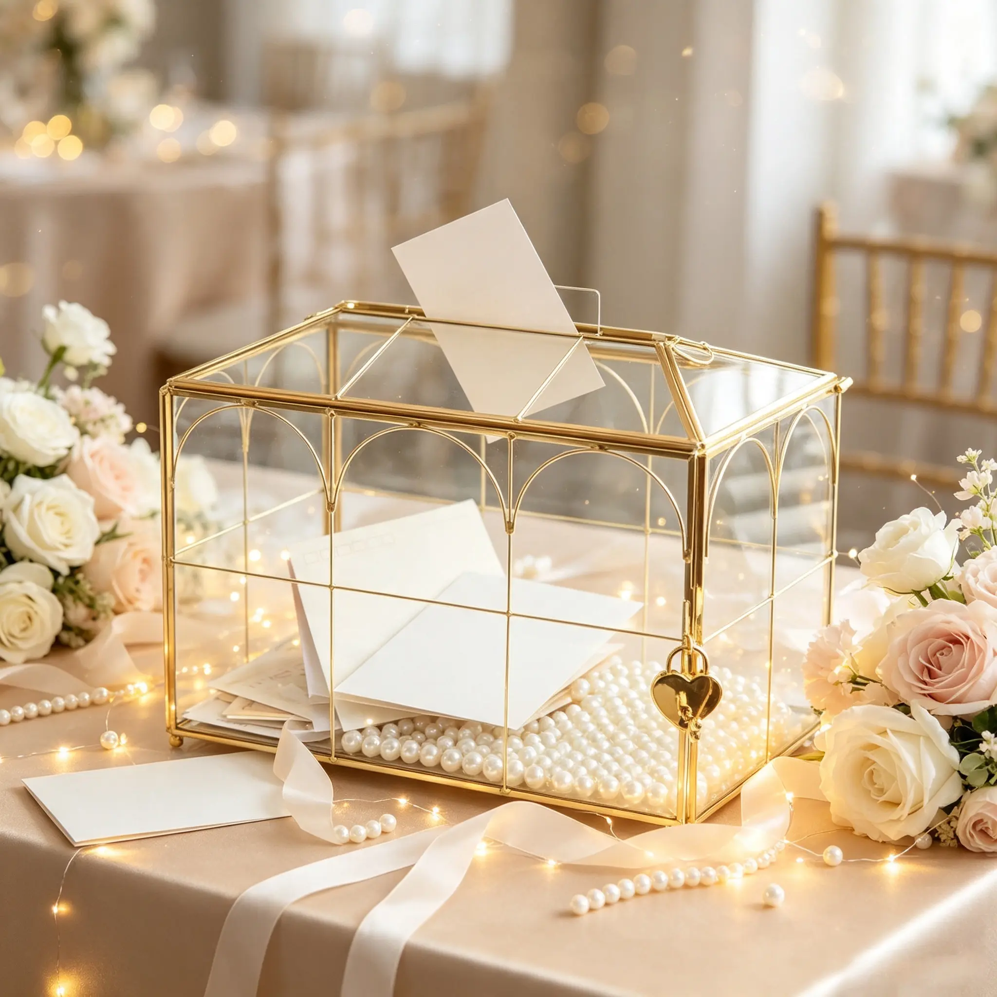 Glass Card Box with Slot, 10.2 inch Large Gold Clear Card Box for Wedding Receptions, Decorative Storage Box with Lock for Baby Shower, Birthday Party, Bridal Shower