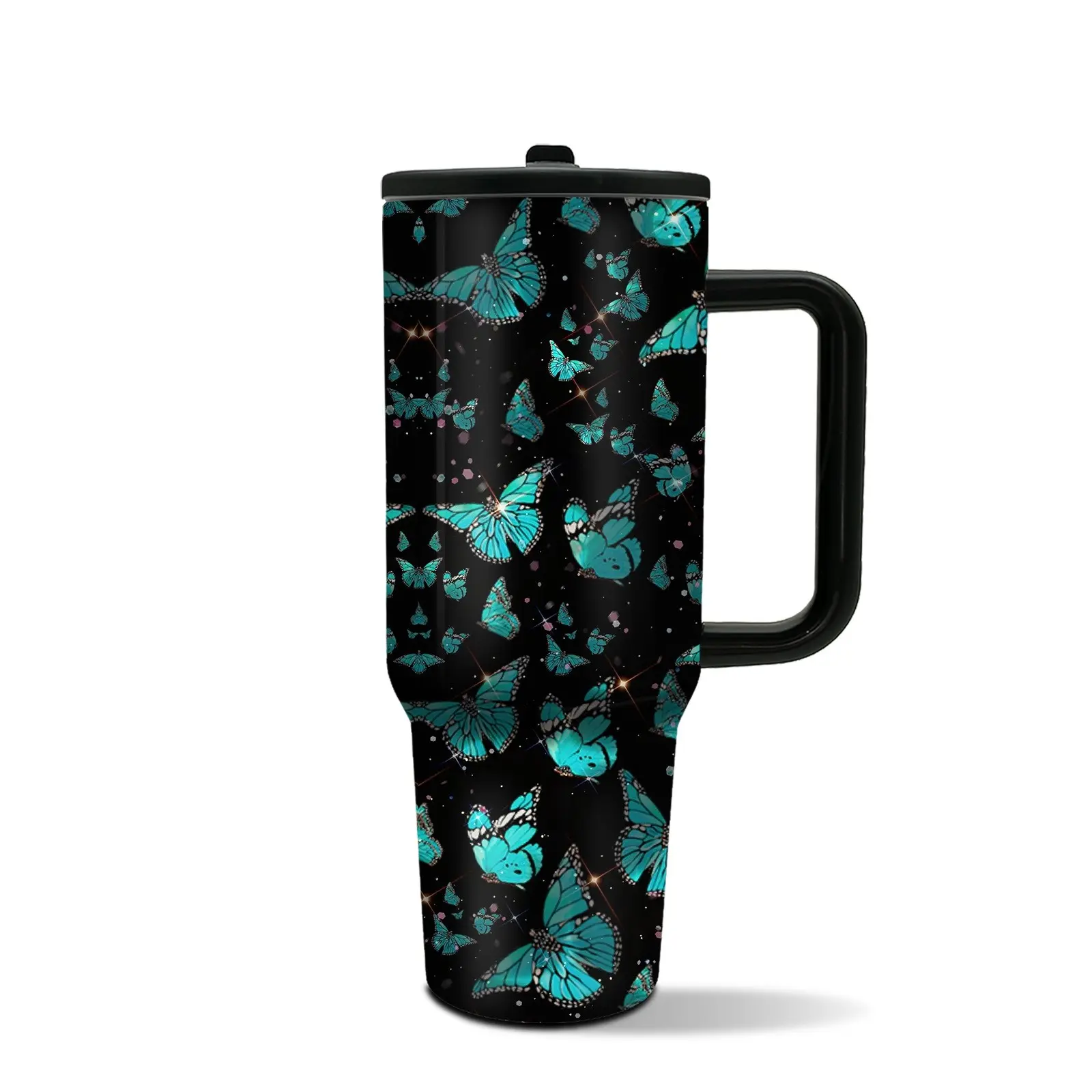 1pc 40oz Blue Butterfly Tumbler with Handle & Straw, Stainless Steel Tumbler, Insulated Drink Tumbler, Insulated Drinkware, Water Bottle for Women, Gift for Daughter, Mom, Birthday, Mother’s Day, Keeps Hot 12H Cold 24H, Travel Tumbler