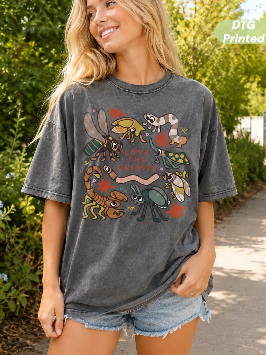 MuseBeau 100% Cotton DTG Printed Women and Men’s Vintage Acid Washed Graphic T-Shirt with Retro "Love The Unloved" Insect Print, Unisex Oversized Casual Short Sleeve Top, Crewneck Top Streetwear Casual Clothing,Shortsleeve,Fashion,Round Neck Summer Outfit