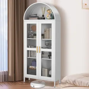 GARVEE ​​​​73" Arched Metal Storage Cabinet with Glass Door | 2 Adjustable Shelves | Arch-Top Storage Unit for Pantry, Living & Dining Rooms - White with Legs​​