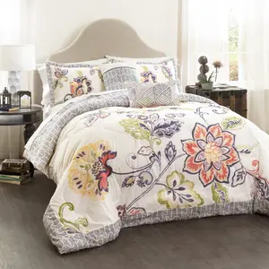 Lush Decor Aster Comforter 5 Piece Set with Floral Design and Patterned Trim in Assorted Colors