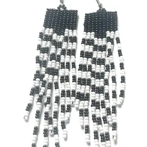Alili Bold Accessories black   & white Checkered  Fringe A  Beaded Extra Large Drop Earrings with Fringe Design