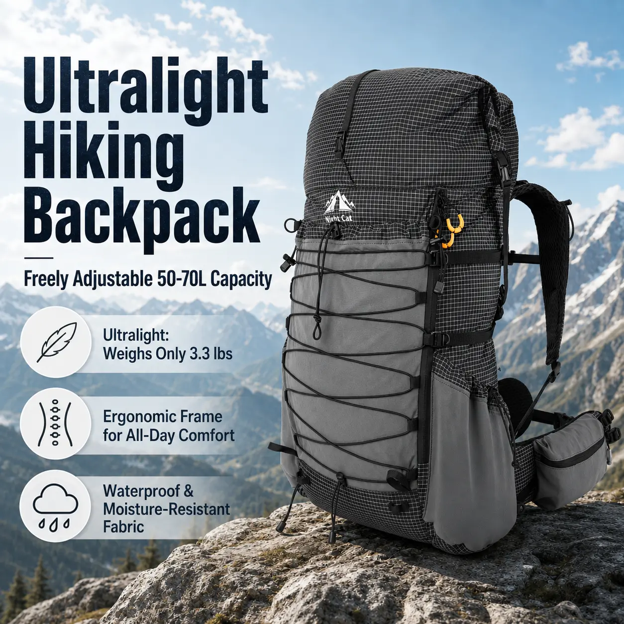 Night Cat 50L-70L Men's Hiking Backpack, Water-Repellent Roll Top Internal-Frame Pack, Cushioned and Breathable for Trekking & Camping, Outdoor Hiking Backpack, Durable Outdoor Hiking