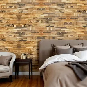 212 MAIN 617479 Brown 3D Embossed Abstract Reclaimed Teak Wood Decorative Wall Panels, Indoor Use