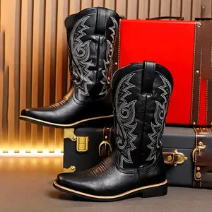 Mid-Calf High-Top Men's Vintage Western Cowboy Boots - Solid Color, Rubber Sole, PU Insole, Fashion Denim Embroidery, Slip-On Closure for Hiking, Outdoor, Daily Casual, Equestrian Sports - All-Season Spring Footwear