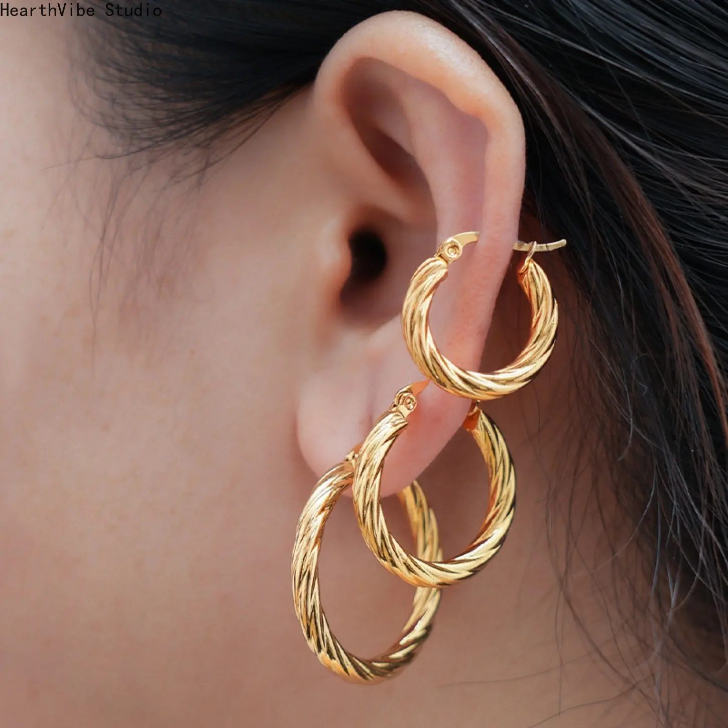 Women's Gold-Plated Vintage Twisted Stainless Steel 3-Pair Hoop Earrings - Tarnish-Proof, Stackable Statement Jewelry, Unisex Steel Color Metal Coated Accessories for Party (Sports & Outdoor Accessories Compatibility), Statement Earrings