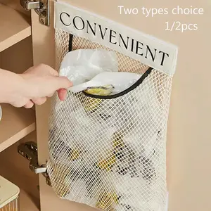 Wall-Mounted Plastic Bag Storage Rack with Elastic Mesh and Reusable Clothes Hanger, Space Saving Storage, Kitchen Organization Solution