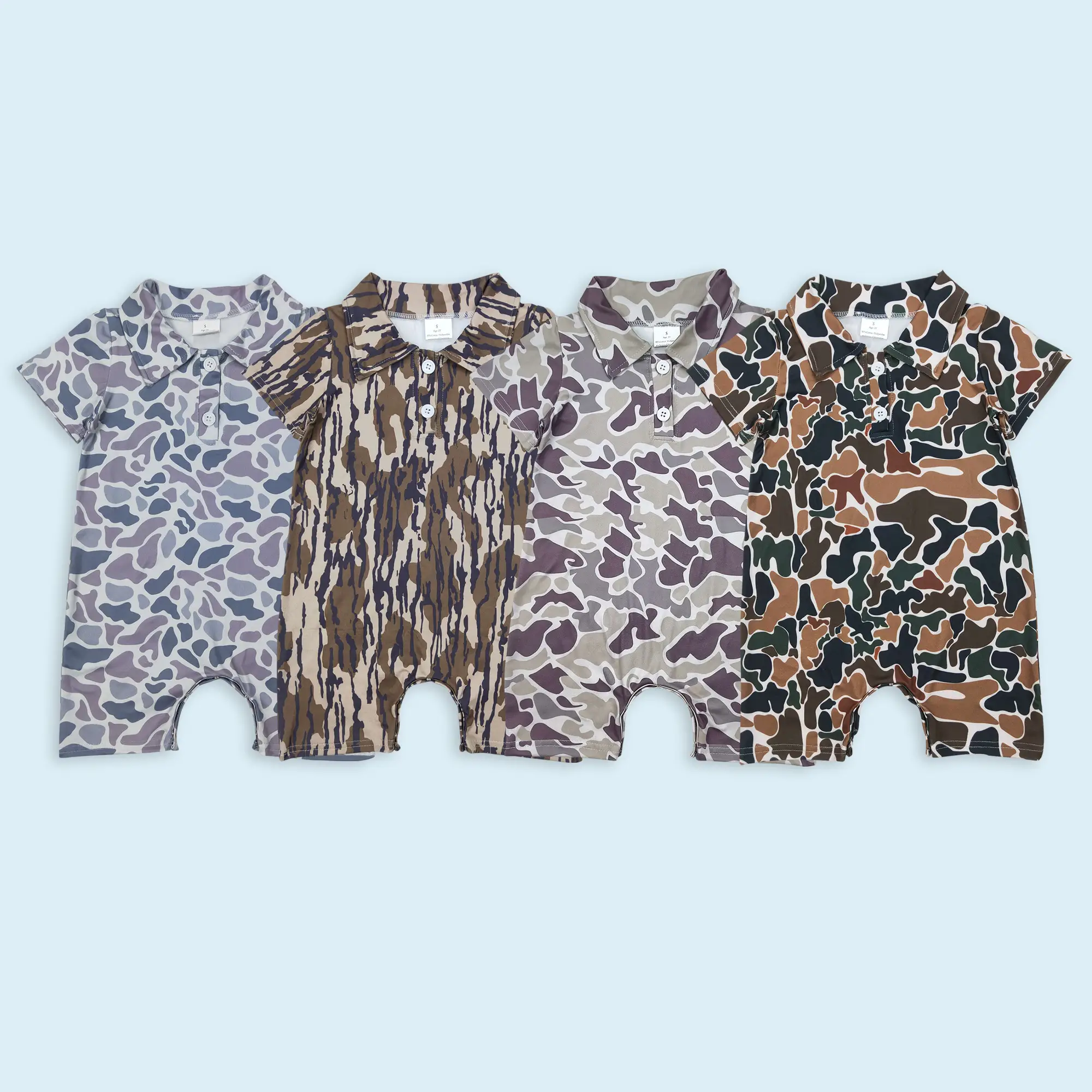 Brown camouflage baby boy summer polo romper