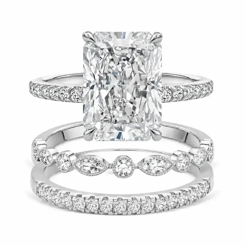 3-piece silver radiant cut wedding ring set for women, square cubic zirconia bridal rings, sparkling luxury engagement and promise rings, exquisite trendy jewelry ideal as gifts