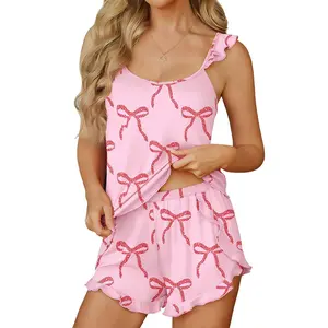 EncoLax Womens Pajama Sets Ruffle Cami Top and Shorts 2 Piece Lounge Set Sleepwear, Summer Comfy Cute Bridal Pajama for Women